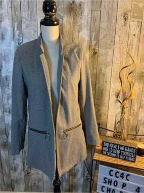 Unk Grey Open-Front Long Blazer with Zip Pocket Detail